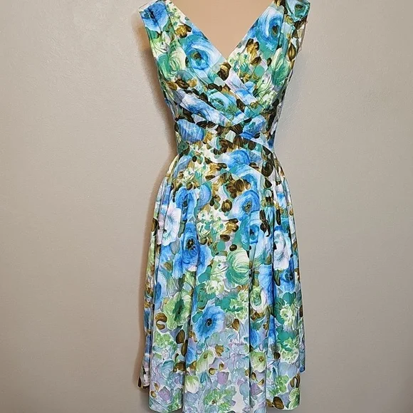 True Vintage Alix Of Miami 1950s Fit And Flare Floral Dress Blue, Green Cupcake - Picture 3 of 17